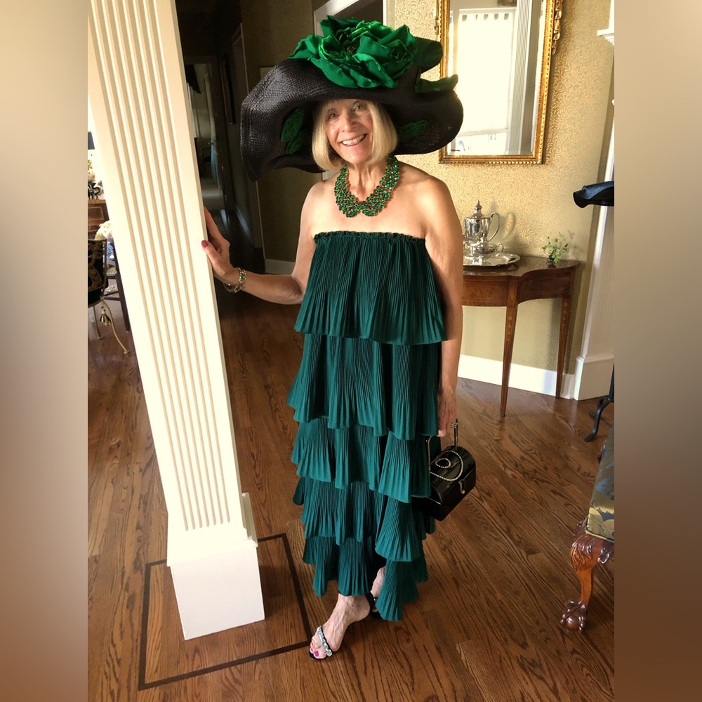 Black wide brim straw hat with emerald green silk